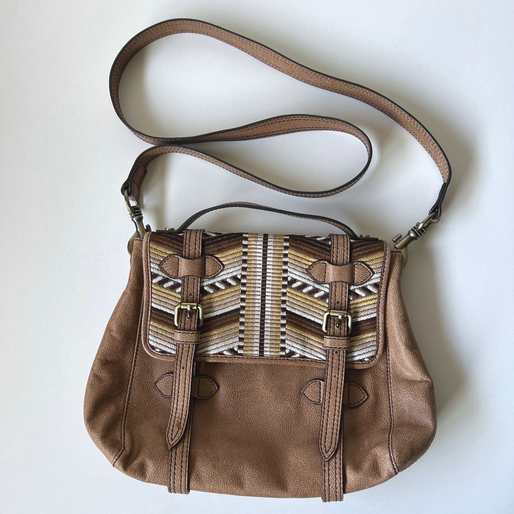 Cynthia Vincent Brown Woven Flap Crossbody Bag Boho Southwestern Purse